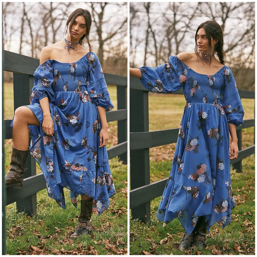 𝓯𝓹 Free People ~ 💙 Morning Glory Maxi Dress in Blue Combo - Picture 4 of 17